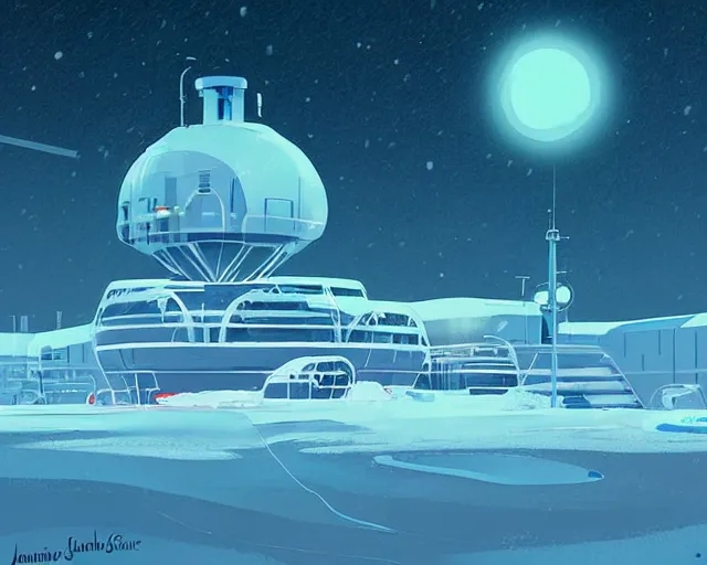 Image similar to A scientific base in north pole, cold, snowy, art by James Gilleard, James Gilleard artwork