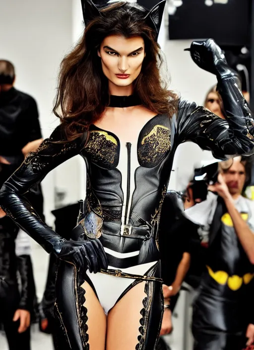 Image similar to A beautiful portrait of Ophelie Guillermand as Catwoman from Batman as a Versace fashion model Spring/Summer 2012, highly detailed, in the style of cinematic, Getty images, Milan fashion week backstage, Makeup by Pat McGrath, Greg rutkowski