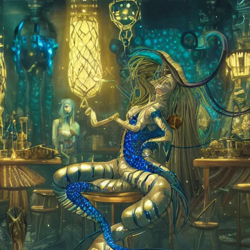 Prompt: an ethereal humanoid snake with wraith like featured, golden scales and blue accents across its design, seated in a lively tavern full of fantasy spirits and heroes, warm lights, lighthearted celebration, art by yuji ikehata and satoshi kon, background art by miyazaki, realism, proper human male proportions, fully clothed, dungeons and dragons, anime