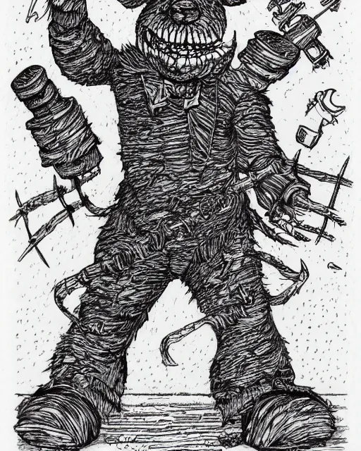 Image similar to an illustration of a freddy fazbear, full body, pen-and-ink illustration, etching, by Russ Nicholson, DAvid A Trampier, larry elmore, 1981, HQ scan, intricate details, Monster Manula, Fiend Folio