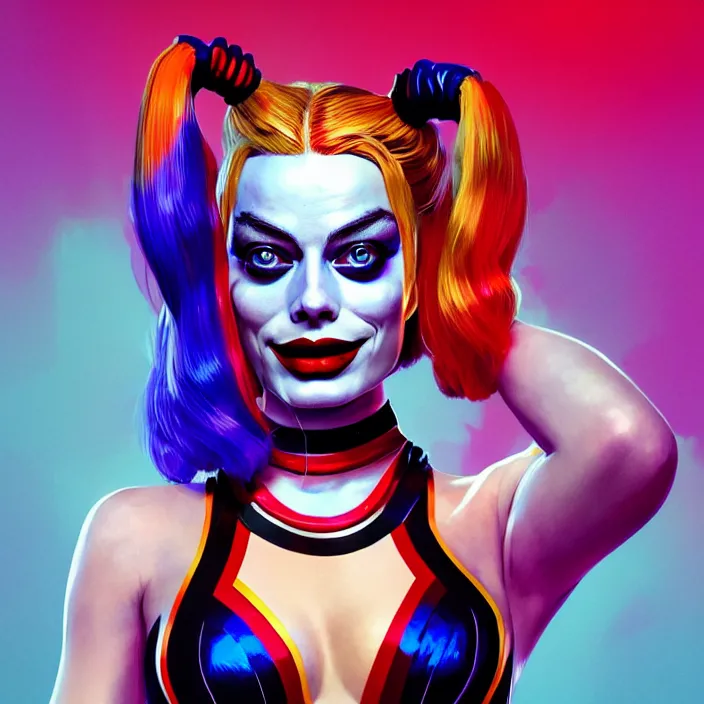 Image similar to portrait of Margot Robbie as a harley quinn. intricate abstract. intricate artwork. by Tooth Wu, wlop, beeple, dan mumford. octane render, trending on artstation, greg rutkowski very coherent symmetrical artwork. cinematic, hyper realism, high detail, octane render, 8k, iridescent accents