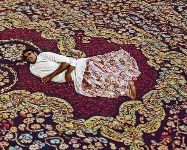 Prompt: a brown man floating on a magical carpet ride. there are 10,100 adoring wives awaiting his landing.
