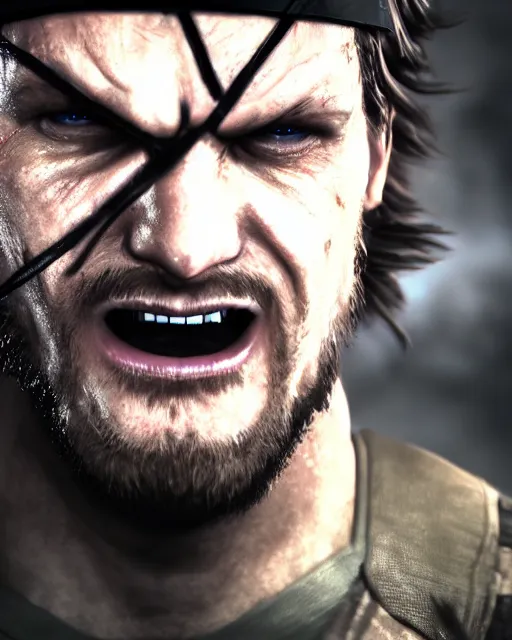 Image similar to solid snake portrait, cinematic lighting, anguished crying screaming yelling, mouth open, black atmospheric background, 4 k photography hdr