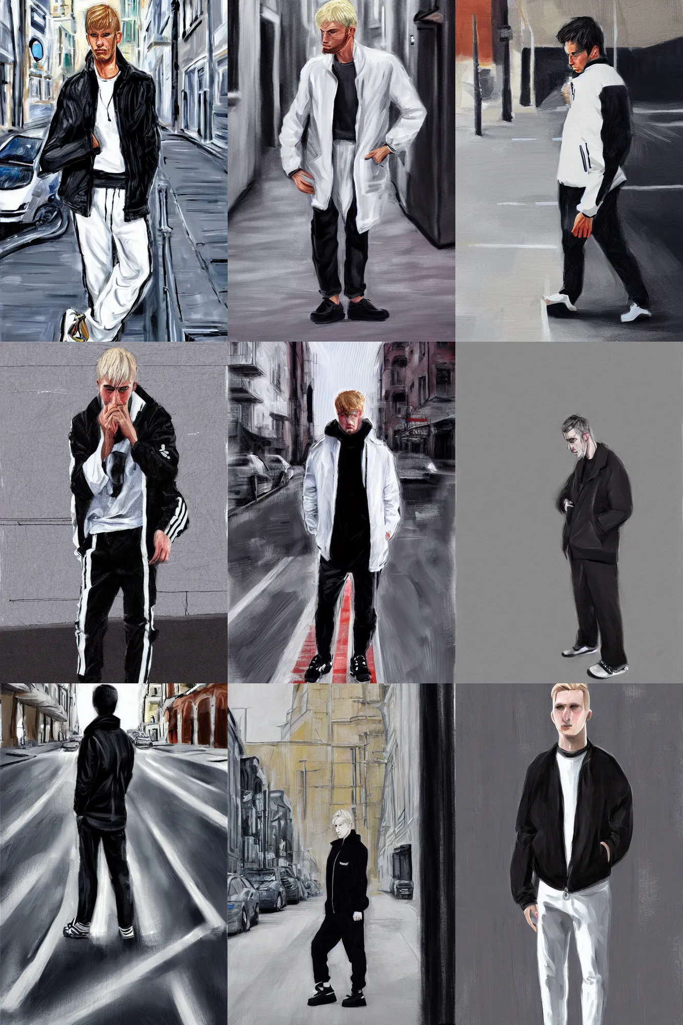 Prompt: extreme long shot. blonde russian man in white adidas pants. black jacket. sad face. staying on the street. digital painting