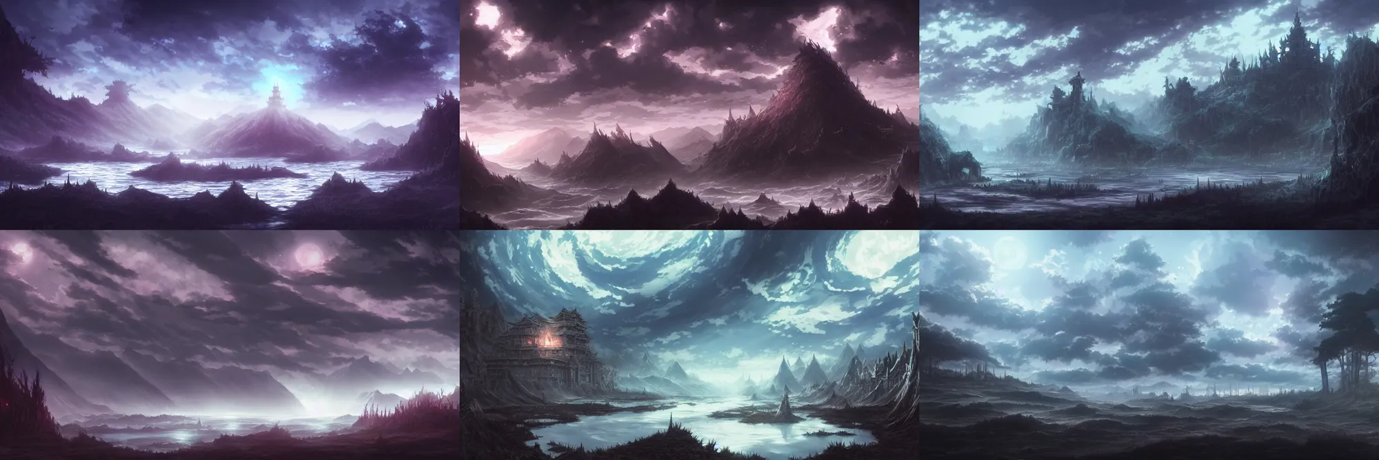 Prompt: dark fantasy landscape, artstation, trending, deviantart, digital art, mesmerizing, beautiful,, smooth, concept art, beautiful, highly detailed, anime, by wit studio, mappa, ufotable, kyoto animation, shaft studio, comix wave films, david production