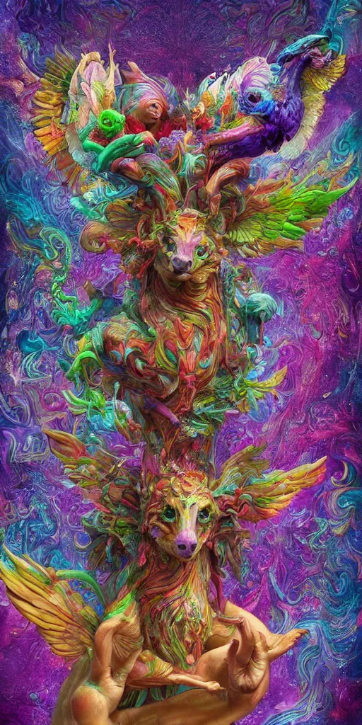 Prompt: a sculpture of colorful fantastic and mythical creatures by hannah yata, elegant, psychedelia, artstation, concept art, ambient occlusion, vray render,