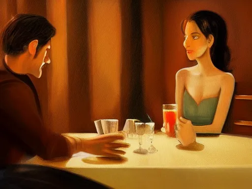 Prompt: masterpiece painting by salman toor, of a guy and a girl on a date in a restaurant, cinematic light, renaissance, atmospheric effects, artstation