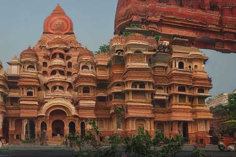 Image similar to gorgeous dreamscape! biomorphic new delhi, hanuman!! head building, kalighat, octane highly detailed cinematic, stephen shore & john j. park, soft morning light, wide shot, high angle, uhd 8 k, deep focus