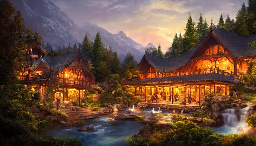 Prompt: rivendell with mcdonald's restaurant built in the mountains with waterfalls and forest at the foot of green gigantic mountains at sunset, fireplace, hyperdetailed, artstation, cgsociety, 8 k