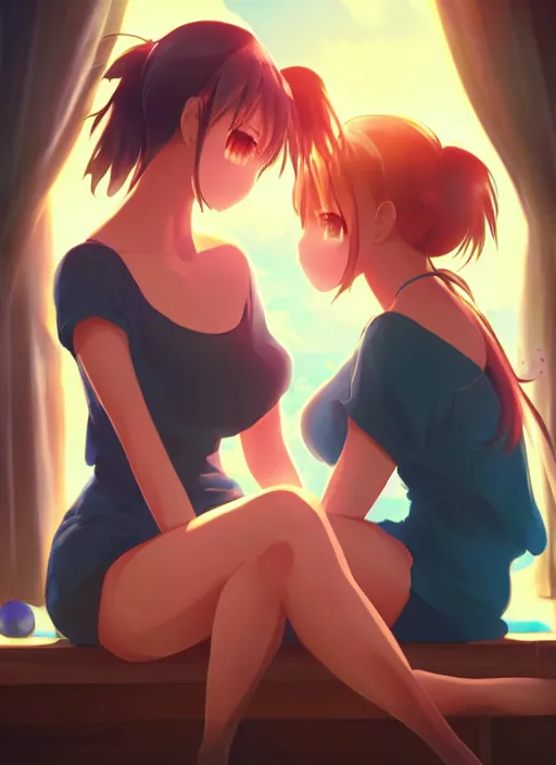 Prompt: two beautiful mothers sitting by a fan on a hot summer evening, gorgeous faces, thick lines, cinematic lighting, detailed anime art,
