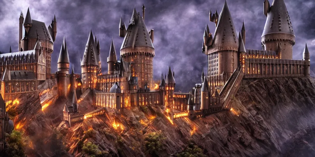 Prompt: hogwarts under attack, hiperrealism, insanely detailed and intricate, fantasy environment cinematic lighting ultra - wide angle lens