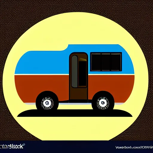 Prompt: very very very stylized minimal vector graphic of a thor chateau motorhome, hills and sunset!!, white background, all enclosed in a circle, dramatic, professional minimal graphic design cartoon