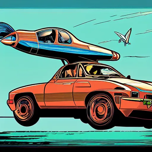 Prompt: a painting of anjelina jolie driving a flying car by dan mumford.