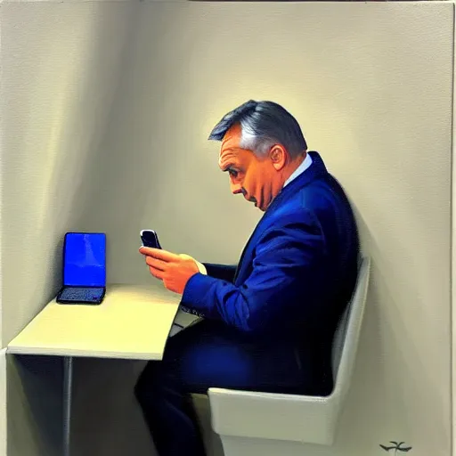 Image similar to viktor orban tiktok on his phone in a cubicle, oil painting