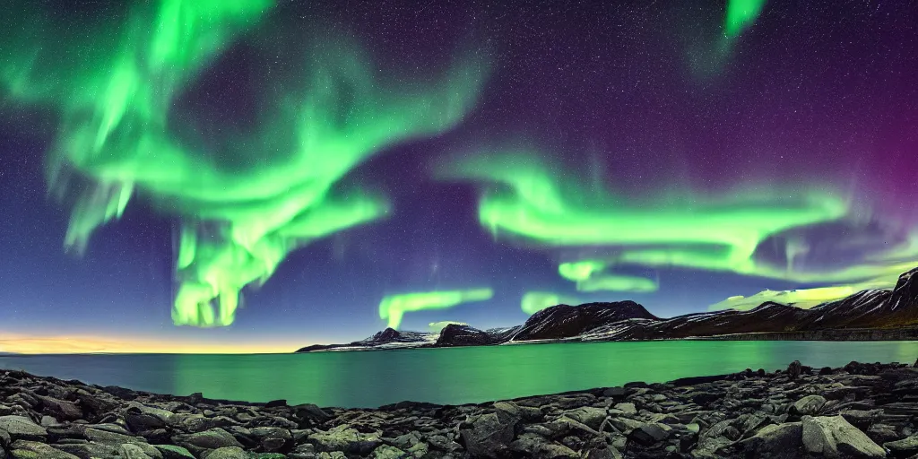 Prompt: a beautiful landscape photo in northern Norway by a famous landscape photographer, night sky with stars and green northern lights, long exposure, wide angle lens, rule of thirds