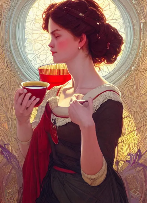 Image similar to perfectly - centered - portrait of a beautiful lady drinking red cup coffee, intricate, highly detailed, digital painting, artstation, concept art, smooth, sharp focus, illustration, unreal engine 5, 8 k, art by artgerm and greg rutkowski and alphonse mucha