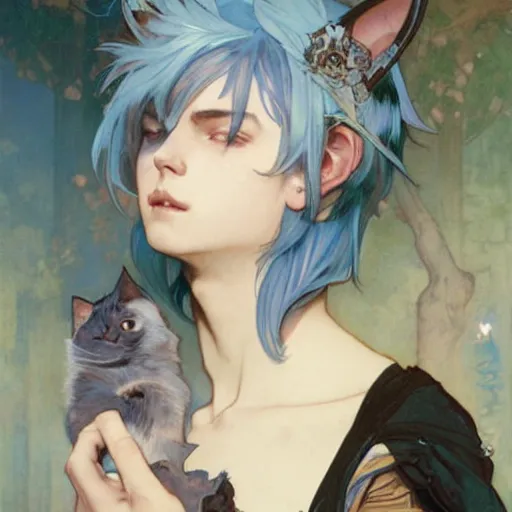 Image similar to Portrait of a pretty fantasy catboy with blue hair and cute small cat ears. Art by Greg Rutkowski and Alphonse Mucha