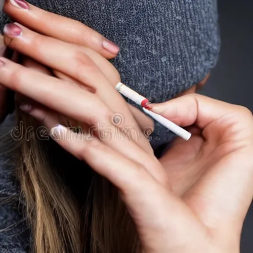 Prompt: Close-up view on a female hand with cigarette, stock photo