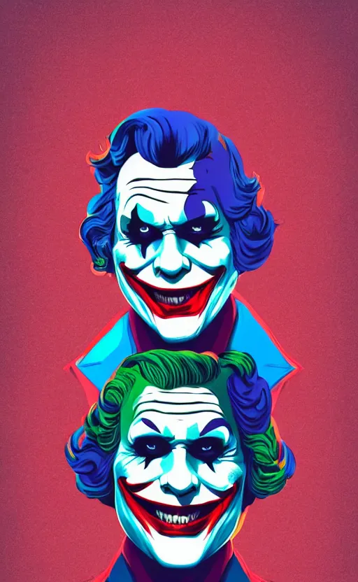 Prompt: individual joker portrait fallout 7 6 retro futurist illustration art by beeple, sticker, colorful, illustration, highly detailed, simple, smooth and clean vector curves, no jagged lines, vector art, smooth andy warhol style