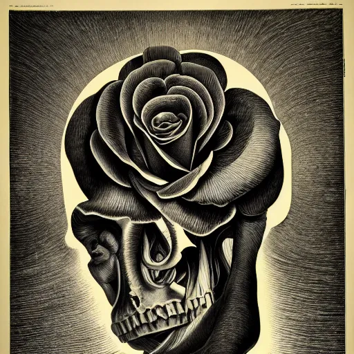 Image similar to surreal rose head anatomical atlas dissection center cut, lithography on paper conceptual figurative ( post - morden ) monumental dynamic soft shadow portrait drawn by hogarth and escher, inspired by goya, illusion surreal art, highly conceptual figurative art, intricate detailed illustration, controversial poster art, polish poster art, geometrical drawings, no blur