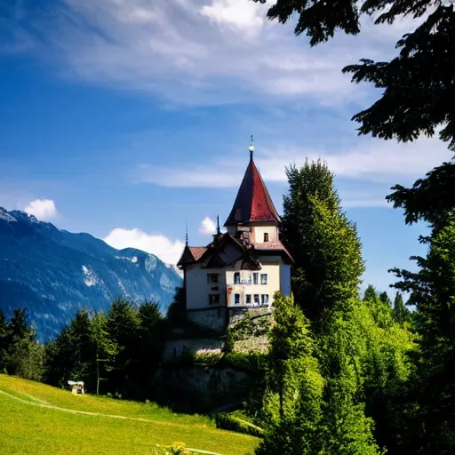 Prompt: little castle on a forest hill in switzerland in the summer