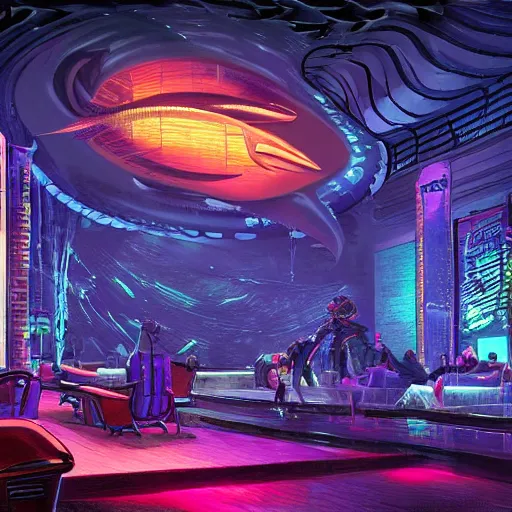 Image similar to underwater cyberpunk night club with large alien fish swimming behind the windows in the background, high detail