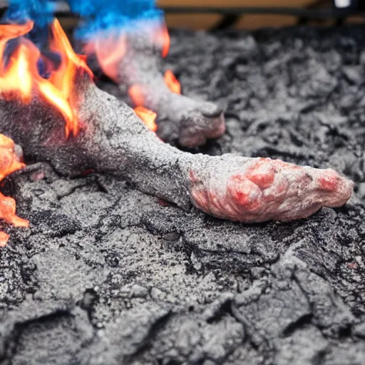 Image similar to stretch Armstrong starting to melt on hot coals