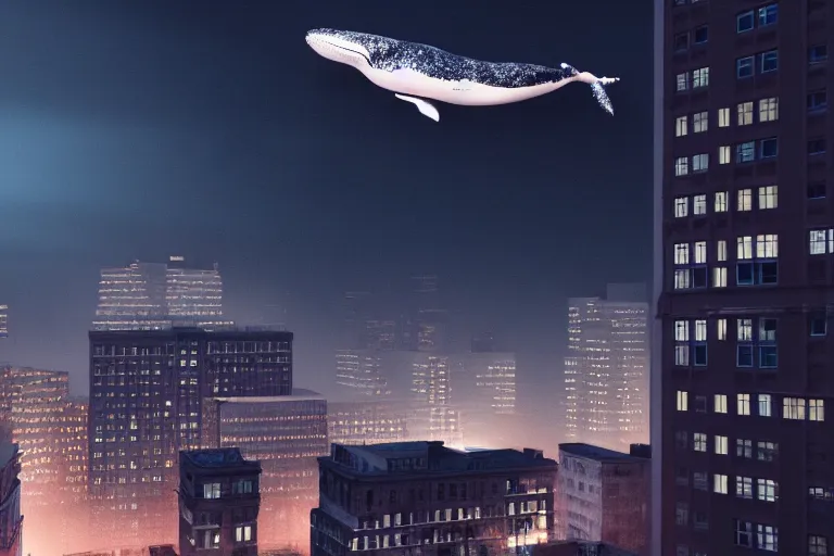 Image similar to whale flying over a building at night time, wearing fashion clothing, id magazine, hyperrealism, detailed textures, photorealistic, 3 d city, ultra realistic, cinematic, intricate, cinematic light, unreal engine 5, octane render, david kostic, artgerm