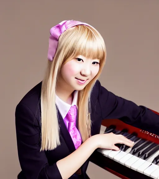 Prompt: a professional portrait photograph of kaede akamatsu, an eighteen year old japanese woman with blonde shoulder length hair, a cowlick, musical note hairpins, a pink blazer, a white backpack, purple contact lenses, and a kind smile, beautiful features, pianist, at her piano