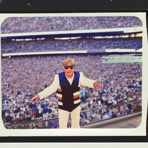 Image similar to Elton John Age 25, Dodgers Stadium concert in 1975, ultradetailed, polaroid picture, enhanced quality polaroid photo