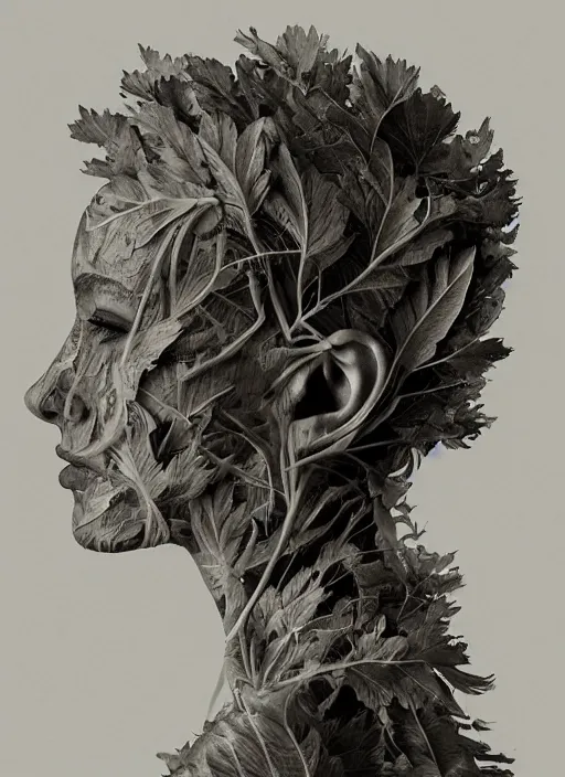 Image similar to a woman's face in profile, made of leaf skeleton, in the style of the Dutch masters and Gregory Crewdson, dark and moody