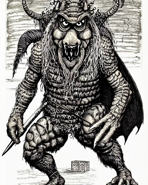 Prompt: alf as a d & d monster, pen - and - ink illustration, etching, by russ nicholson, david a trampier, larry elmore, 1 9 8 1, hq scan, intricate details, high contrast, no background