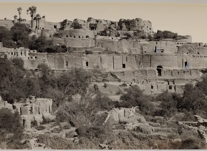 Prompt: Photograph of sprawling cliffside pueblo ruins, showing circular earthworks, terraced gardens and narrow stairs in lush desert vegetation in the foreground, albumen silver print, Smithsonian American Art Museum
