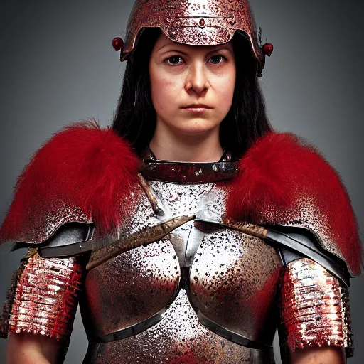 Prompt: photo of a female warrior with ruby encrusted armour