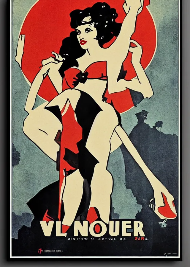 Prompt: film noir movie poster print, pin up, collage, canvas art print, minimalist art, art deco, art nouveau, mucha