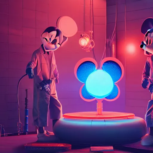 Image similar to render of mechanics repairing 3 d mickey mouse head in science lab, behind is glowing red netflix logo, made by beeple, cgsociety, unreal engine, octane render, greg rutkowski, alphonse mucha, cinematic lighting, dark room, low light, sharp focus, 4 k highly detailed art