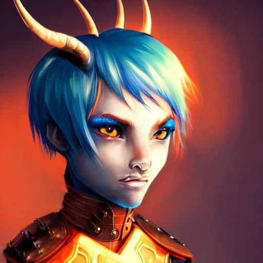 Image similar to illustrated realistic tilted head portrait female prong-horned kobold with blue bob hair with black-eyes wearing strap leather armor, orange glow, backlit by rossdraws