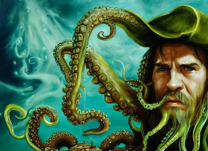 Prompt: Beautiful oil painting of Davy Jones with octopus face by Titian and Chie Yoshii, portrait, Pirates of the Caribbean, tentacles beard, intricate, elegant, light green mist, ocean, storm, sea spray, Dead Man's Chest, At World's End, The Flying Dutchman, highly detailed, dramatic lighting, sharp focus, trending on artstation, artstationHD, artstationHQ, unreal engine, 4k, 8k