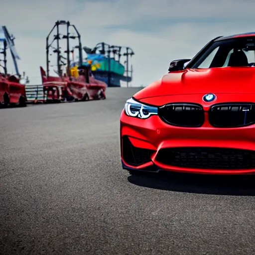 Prompt: red 2 0 2 2 bmw m 3 being stolen at the docks