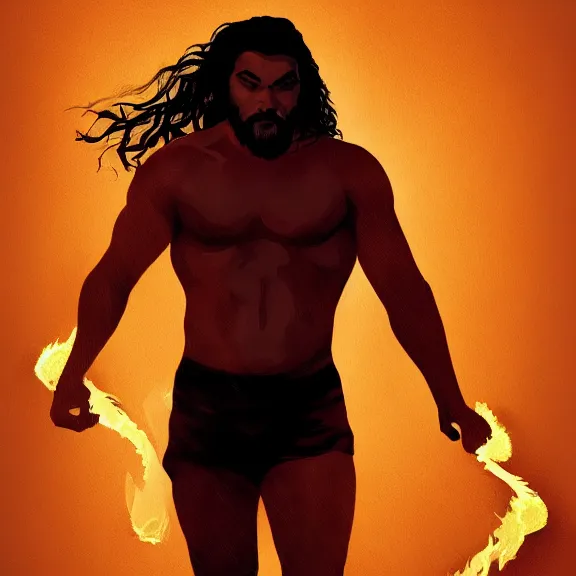 Image similar to digital painting of jason momoa on fire. portrait. ArtStation. Rule of thirds. Silouette. Pain. Marco Bucci.