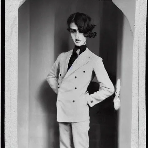 Prompt: 1930s porteait of a young anorexic man with very long hair and extravagant clothes