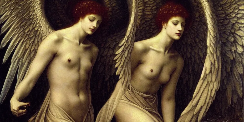 Image similar to a detailed painting of a beautiful archangel, beautiful face and body, halo of sacred light, magical mood, muted tones, by fernand khnopff, jean delville, caravaggio, epic composition, exquisite details, dark mood,