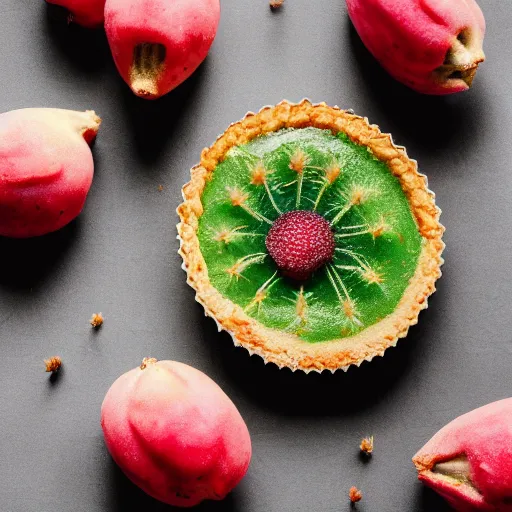 Prompt: cactus flavoured tart, with prickly pears over it, food photography