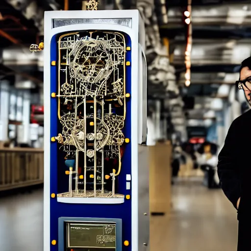 Image similar to a random pointlessly elaborate intricate contraption pneumatic machine with no apparent purpose, being operated by a scholarly looking man with a clear directed gaze, xf iq 4, f / 1. 4, iso 2 0 0, 1 / 1 6 0 s, 8 k, raw, unedited, symmetrical balance, in - frame