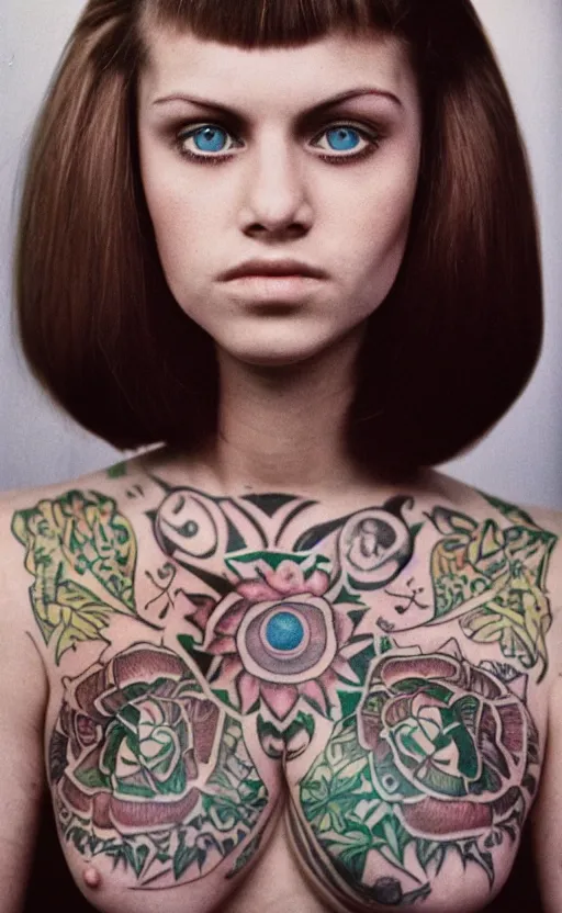 Prompt: a heavily tattooed white girl with brown hair and green eyes, dutch, wide set eyes, oval face, round cheeks, leica s, 5 0 mm lens, kodachrome, 1 9 6 9, shot by platon