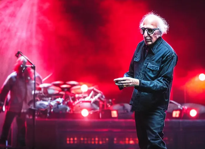 Image similar to publicity photo still of larry david touring with slipknot live on stage, 8 k, live concert lighting, mid shot