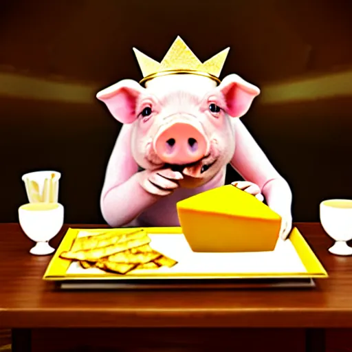Image similar to realistic photo of a cute puppet pig wearing a gold crown eating cheese wedges at a table with a bib on, high quality, cinematic concept art