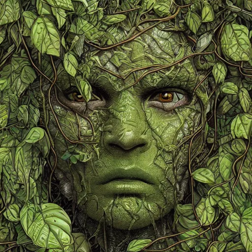 Prompt: 'straggled humanoid amalgamation of leaves and plants, face made of vines, swamp thing, detailed portrait, intricate complexity, Dan Mumford, quixel megascan' H 768