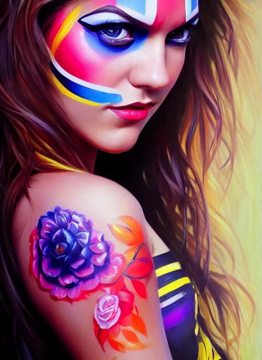 Prompt: full body photo of a gorgeous young woman in the style of stefan kostic, wild colorfully face painting, realistic, sharp focus, 8k high definition, insanely detailed, intricate, elegant, art by stanley lau and artgerm