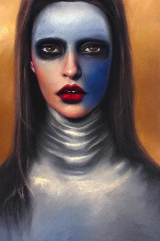 Image similar to hyperrealism oil painting, close - up portrait of european medieval brunette vampire fashion model, knight, steel gradient mixed with nebula sky, in style of baroque